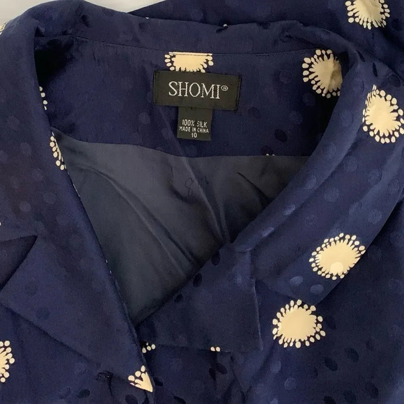 SHOMI | 100% Silk Lightweight Jacket Floral Polka Dots Button Up Lined Navy - Picture 7 of 9